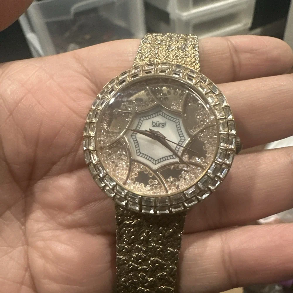 Working BURGI Womens Dainty Watch Swarovski Crystals MOP Gold Tone 37mm Fit 7.5